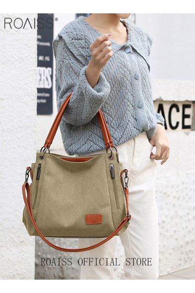 ROAISS Large Capacity Shoulder Tote Bag Casual Canvas Handbag Crossbody with Long Strap Multi Pocket for Yo