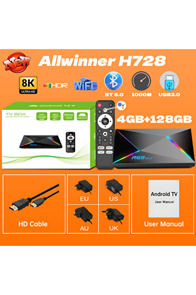 Choice EU Plug 4GB 128GB R69 Plus Voice Control TV Box Ultra HD 8K Allwinner H728 Octa Core Support Netflix