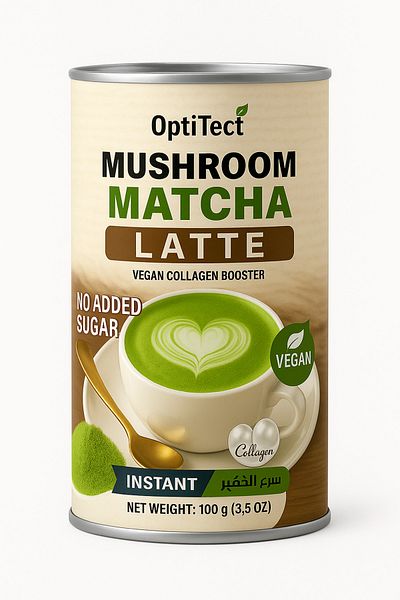 OptiTect Mushroom Matcha Latte, 100 Gm, Mushroom Blend, Vegan Collagen Booster, Skin, Hair &