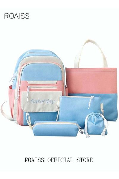 ROAISS 5 Pcs Letter Graphic Colorblock Backpack Set Cute Sweet Large Capacity Canvas School Bag Shoulder To