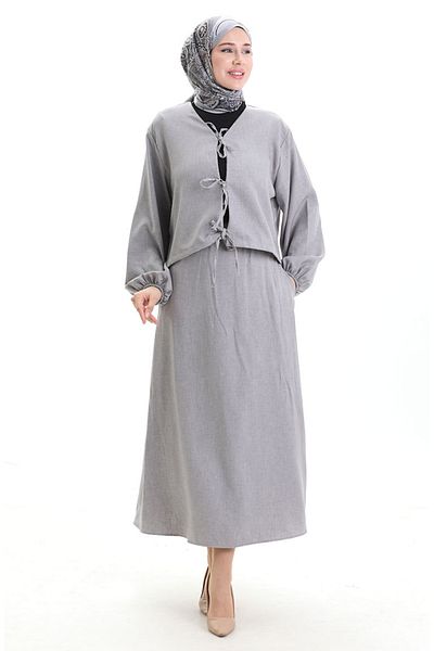 sefamerve Lace Detailed Blouse Skirt Double Set 2066-02 Gray