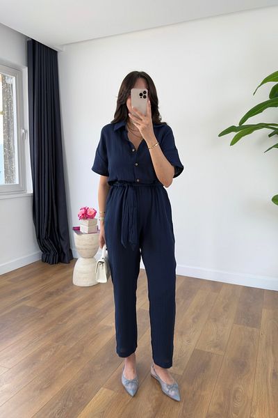 BİRCANÇİL Henika Navy Blue Belted Jumpsuit