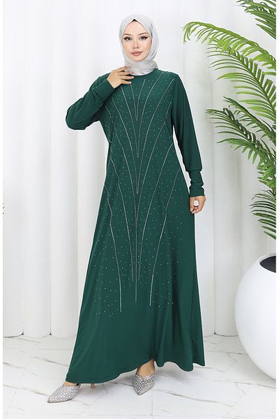 sefamerve Sandy Fabric Stone Evening Dress 2061-03 Emerald Green
