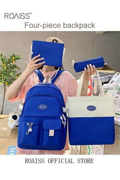 ROAISS 4 Pcs Letter Graphic Colorblock Backpack Set Sweet Large Capacity School Bag Bookbag Shoulder Totes
