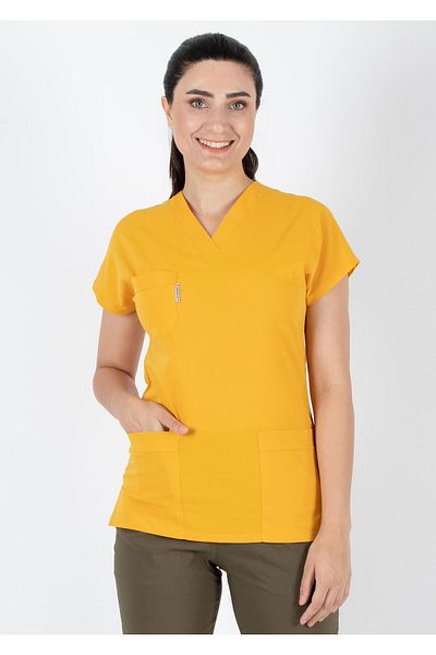 Scrubs Flex Țesătură subțire de vară din Lycra muștar pentru medic și asistentă Tricou chirurgical cu mâneci liliac (Top unic)
