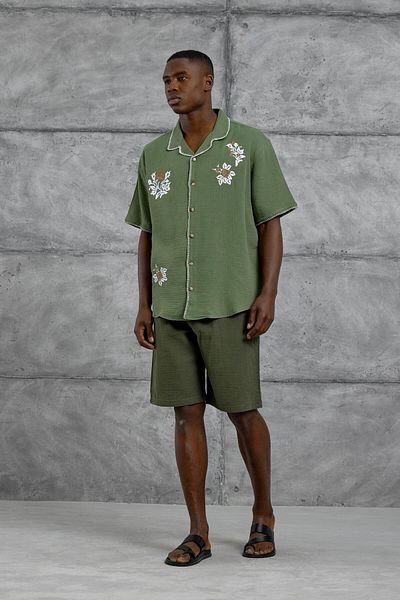 NOMARC Green Oversize Leaf Embroidered Short Sleeve Shirt