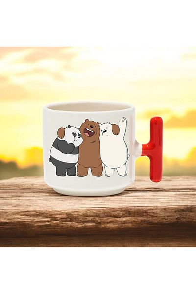 BB TRADE Red T-Handled Ceramic Printed Mug with Triple Teddy Bear Design 250 ml