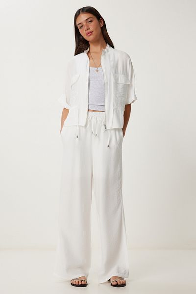 Lovelyİstanbul Crinkle Effect Jacket Pants Suit Ecru Ldp0053