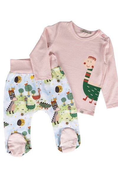 Ozmoz By Mukadder Özden Organic Dino Printed Pink Spring Unisex Baby Set with Booties