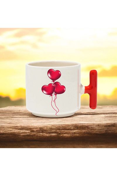 BB TRADE Red Heart Designed Red t Handle Ceramic Printed Mug Cup 250 ml