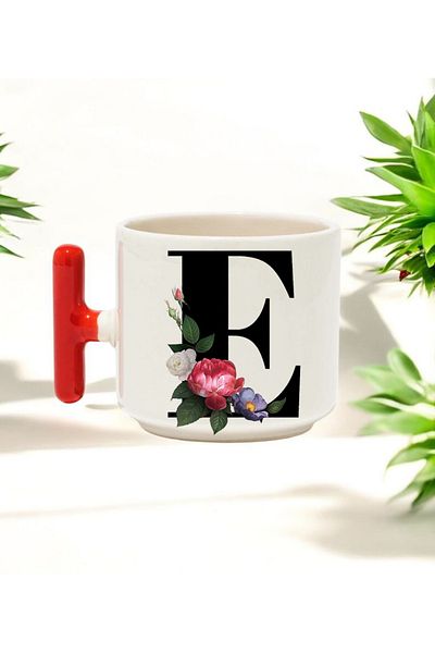 BB TRADE E Letter Designed Red t Handle Ceramic Printed Mug Cup 250 ml