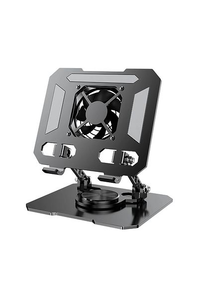 LUVLU Suport Tableta Rotativ Cu Ventilator, Otel Carbon, 4-14 Inch, Rotire 360°, Inclinare 180°, Negru