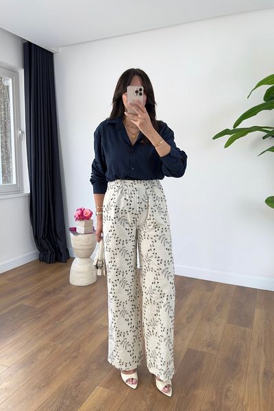 BİRCANÇİL Gesla Ecru Navy Blue Embroidered Linen Trousers