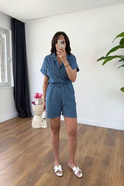 BİRCANÇİL Ressa Blue Denim Short Jumpsuit
