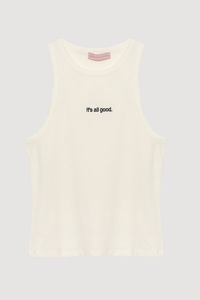 Quzu Text Printed Halter Neck Tank Top Ecru