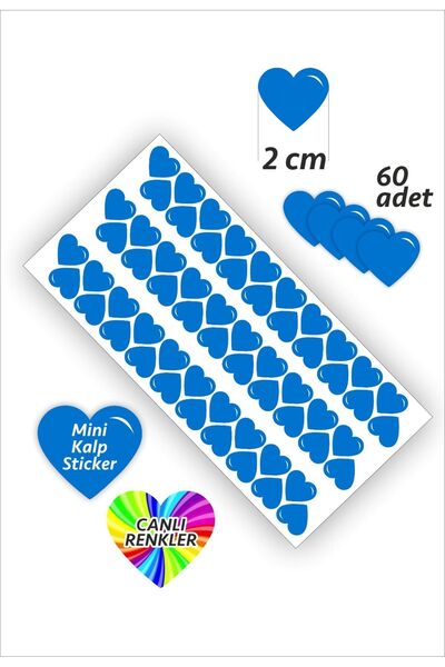 İstisna 60 Adet Kalp Etiket Mavi Renk 2 Cm Kalp Temalı Sticker Seti