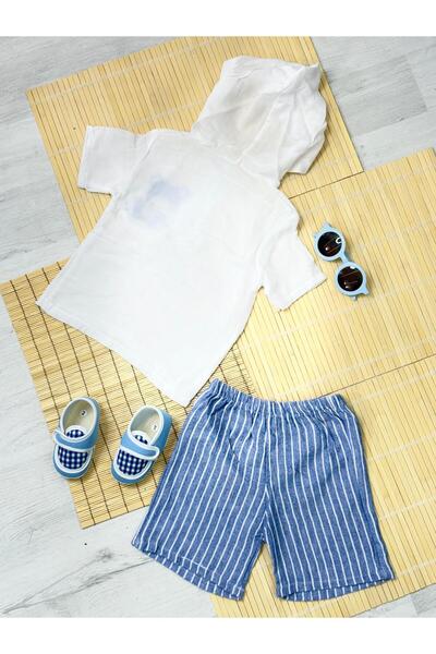 agugu Teddy Bear Printed Hooded Muslin Men's Striped Shorts Summer Suit Blue