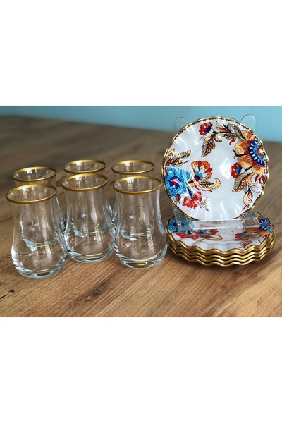 B&M Beyaz Çiçek Desenli Kıvrımlı 6 Kişilik Çay Seti 12 Parça