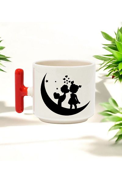 BB TRADE Valentine's Black Moon Designed Red t Handled Ceramic Printed Mug Cup 250 ml