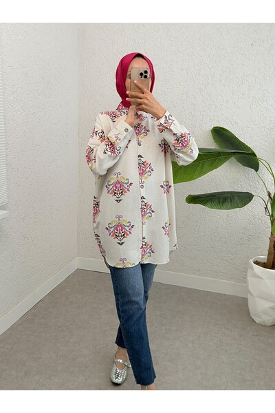 Modamorfo Hosszú gombos mintás Oversize vászon tunika -rózsaszín