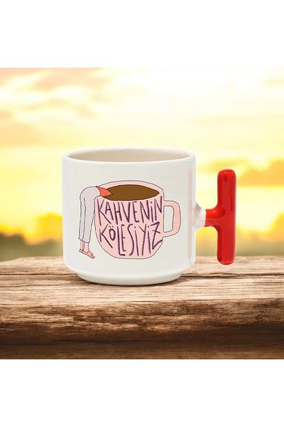 BB TRADE We Are the Servants of Coffee Designed Red t Handle Ceramic Printed Mug 250 ml
