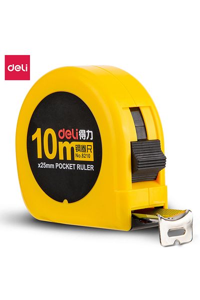 Deli 8210 Steel Measuring Tape, 10m × 25mm, Yellow – For Office & Home Measurements