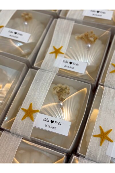 Stone Store İnci Detaylı İstiridye Kutulu Deniz Kabuğu Mum Nişan Düğün Nikah Hediyelik Etiketli 10 Adet