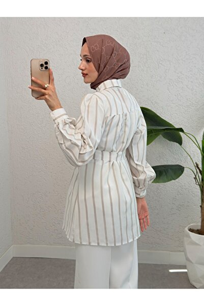 Modamorfo Μπεζ πουκάμισο με χοντρές ρίγες και ζώνη