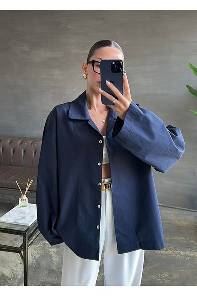 My Blog Cămașă oversize cu manșetă lată bleumarin - 4952