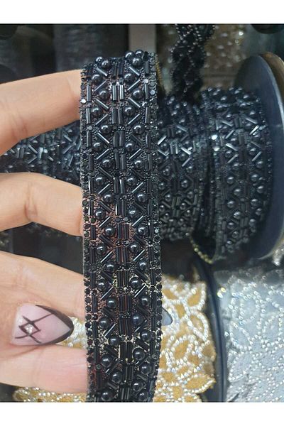 ESRA ŞELEM Iron-On Black Beaded Decorative Strip Accessory Hobby