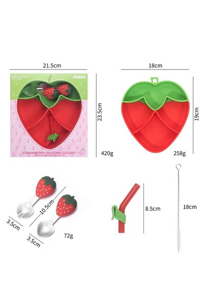 jojobebek Bpa-Free Vacuum Silicone Food Plate, Silicone Handle, Steel Tip Fork and Spoon (Strawberry Figured)