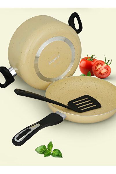 İMPEX Impex 8-Piece Granite Nonstick Cookware Set – Ivory | 3 Casseroles, Frypan & Turner (NCB 7108BG)