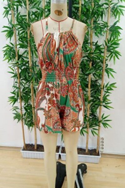 Mossta Halter Neckline Elastic Waist Patterned Shorts Jumpsuit - Yellow