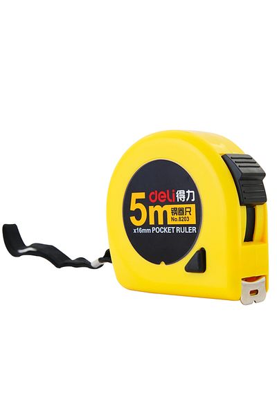 Deli 8203 Steel Measuring Tape, 5m × 16mm, Yellow – For Office & Home Measurements