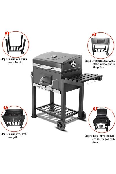VINNYSEN 24 Inch Charcoal Grill Portable Grill with Handle, Side Tables, Shelf and Wheels Barbecue G