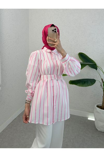 Modamorfo Pink Thick Striped Shirt with Buckle and Belt