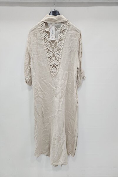 della moor Μπεζ ιταλικό φόρεμα πουκάμισο με δαντέλα στην πλάτη, αναδιπλούμενο με μανίκια 3/4