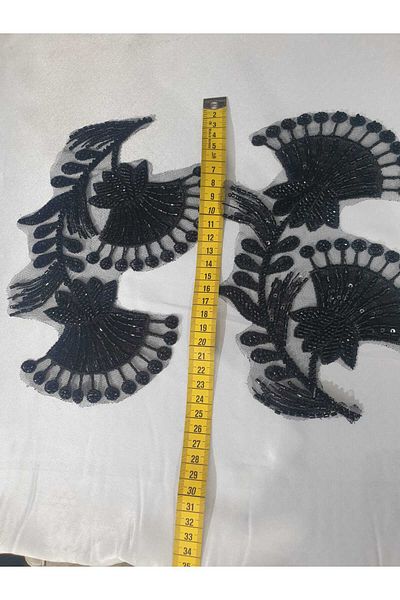 ESRA ŞELEM Black Bead Embroidered Brode Guipure Applique Sewing Accessory 2 Pieces