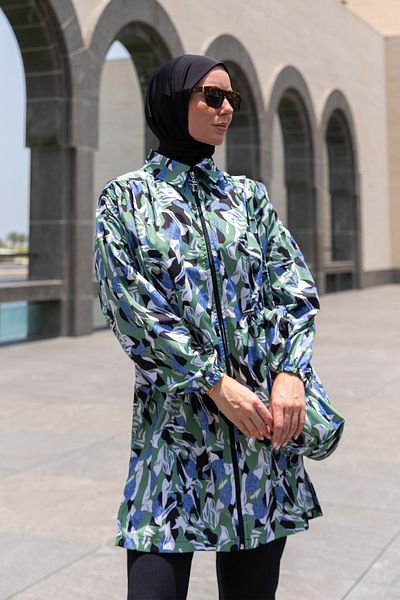 Minel Women's Blue Green Full Covered Hijab Swimsuit Short Set of 2 K-056