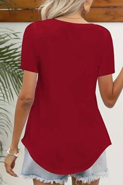 Mossta Short Sleeve Laser Collar Crepe Blouse - Red