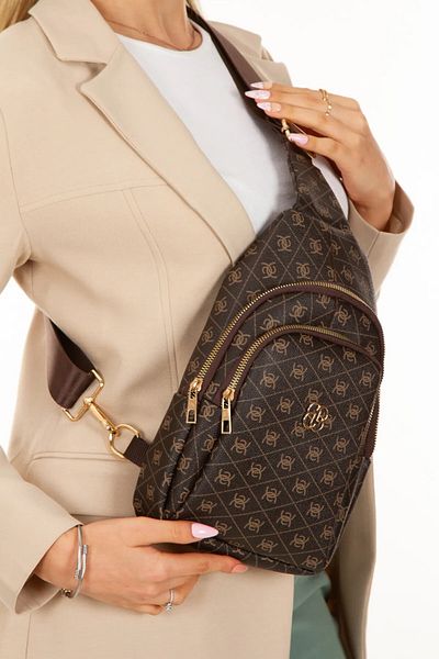 Newish Polo Women's Brown Leather Monogram Patterned Cross Waist Chest and Shoulder Bag New218