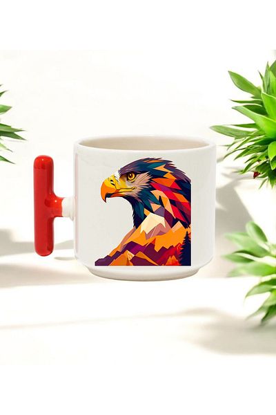 BB TRADE Colorful Bird Design Red T-Handle Ceramic Printed Mug 250 ml