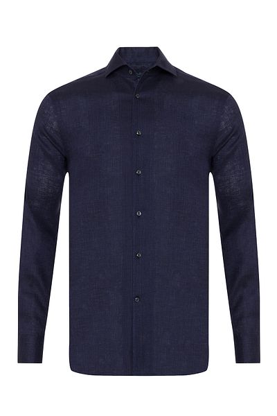 Germirli Navy Blue Thomas Mason Non Iron Lapel Collar Tailor Fit Linen Shirt