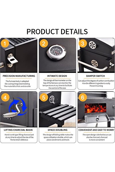 VINNYSEN 24 Inch Charcoal Grill Portable Grill with Handle, Side Tables, Shelf and Wheels Barbecue G