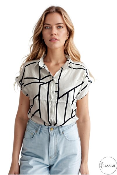Cassime Жіноча біло-чорна геометрична сорочка з короткими рукавами та ґудзиками
