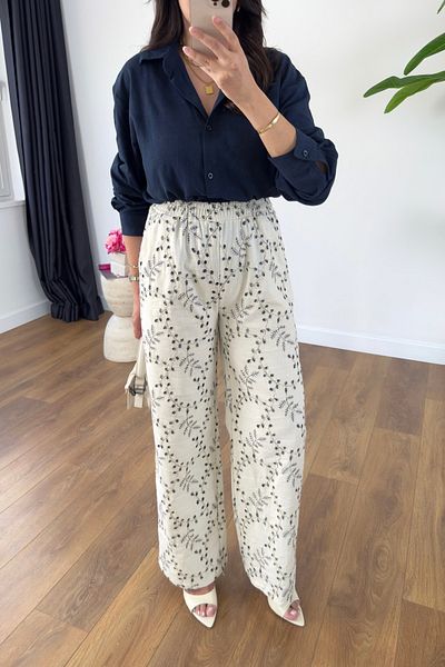 BİRCANÇİL Gesla Ecru Navy Blue Embroidered Linen Trousers