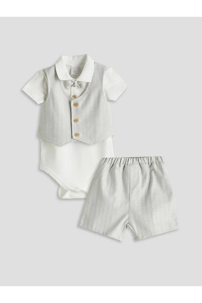 LC Waikiki Lcw Baby Ecru Baby Boy Shirt Shorts and Vest 3 Piece Set