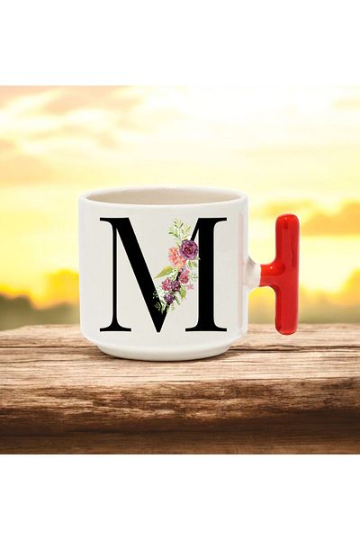 BB TRADE M Letter Designed Red t Handle Ceramic Printed Mug Cup 250 ml