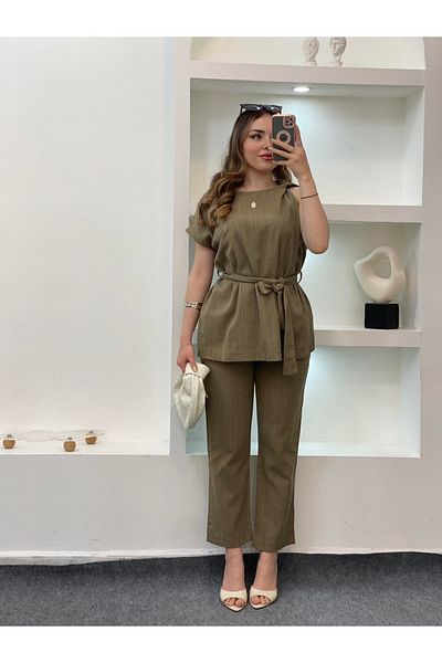 My Blog Khaki Shoulder Twist Detailed Blouse Trousers Set - 8644