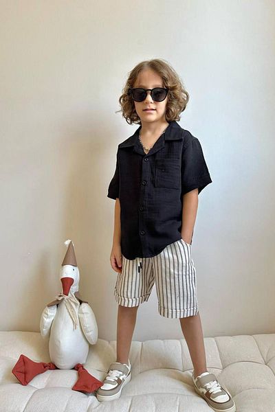 Minigimin Cicileri Little Boy's Pimples Boys' Suit with Muslin Pocket Shirt and Striped Shorts - Black